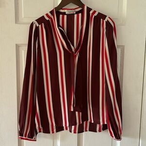 FRAME 100% Silk Blouse - V Neck Necktie Bow Style Maroon/Burgundy & Red Striped